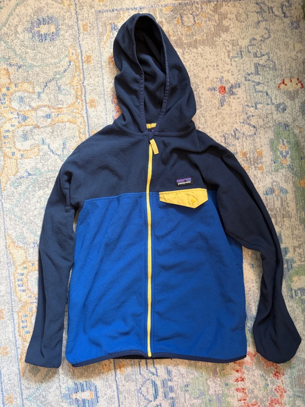 Patagonia Kids Two-Tone Blue Hooded Fleece Jacket with Yellow Accents